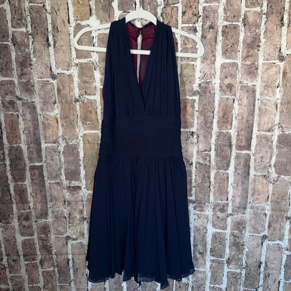 Vtg Ann Taylor Navy Blue Pleated Chiffon Halter Minidress Size 6 Dark Coquette